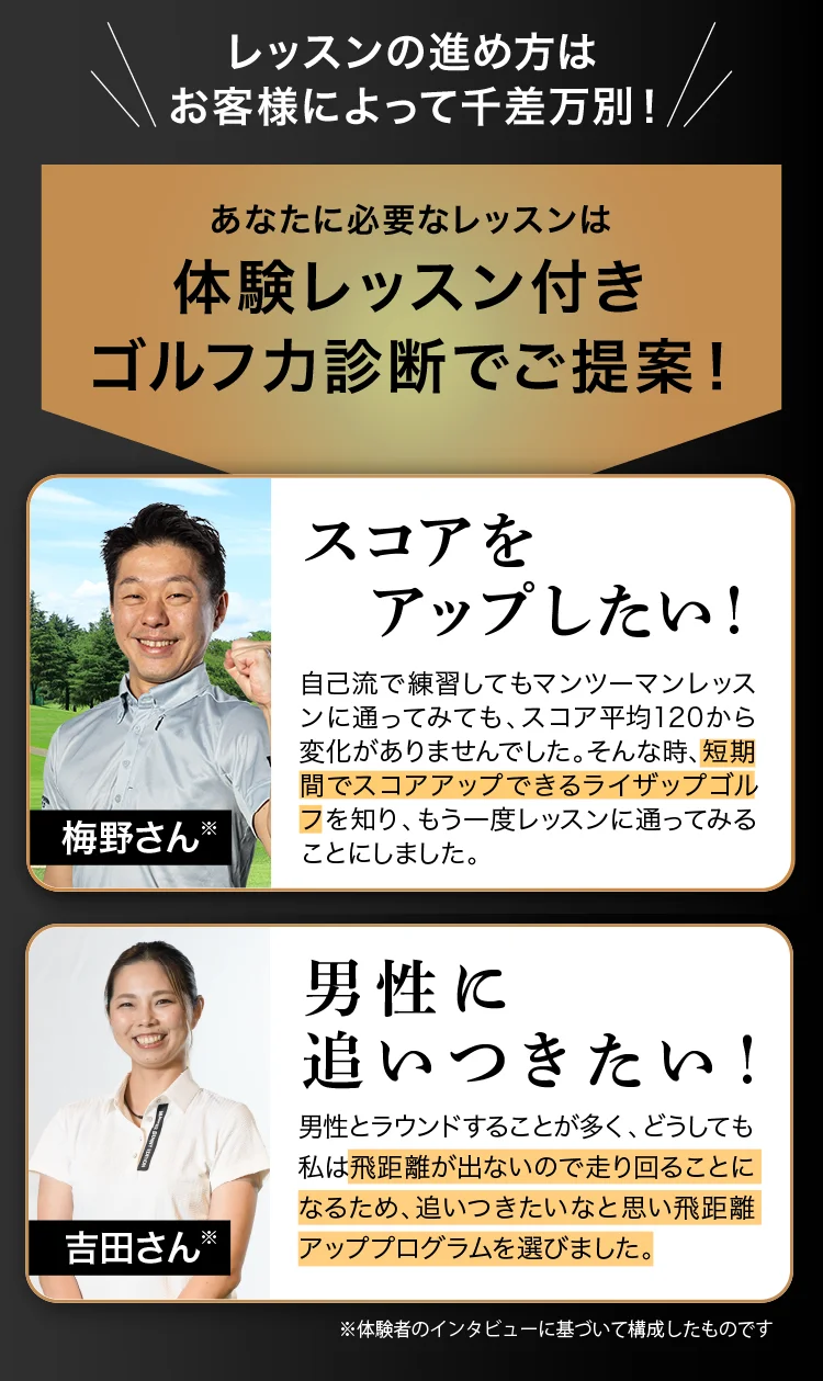 あなたに必要なレッスンは体験レッスン付きゴルフ力診断でご提案！