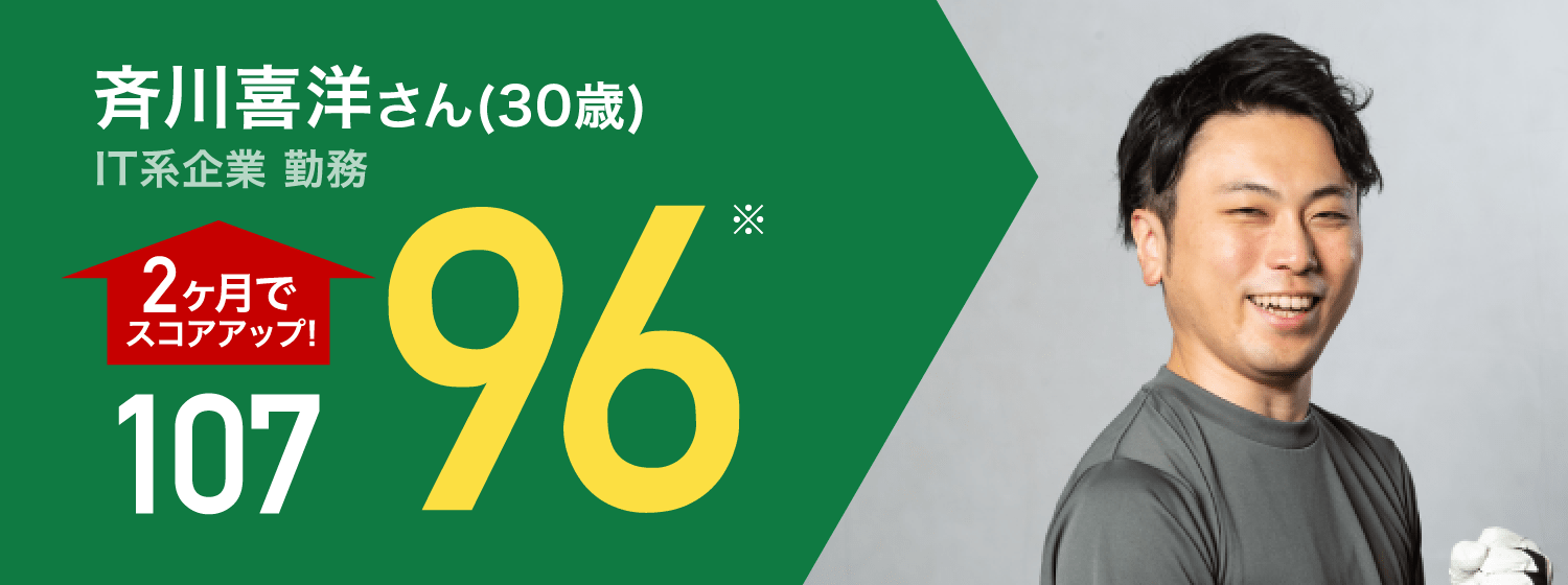 斉川喜洋さん(30歳) IT系企業 勤務 107 2ヶ月でスコアアップ! 96 ※